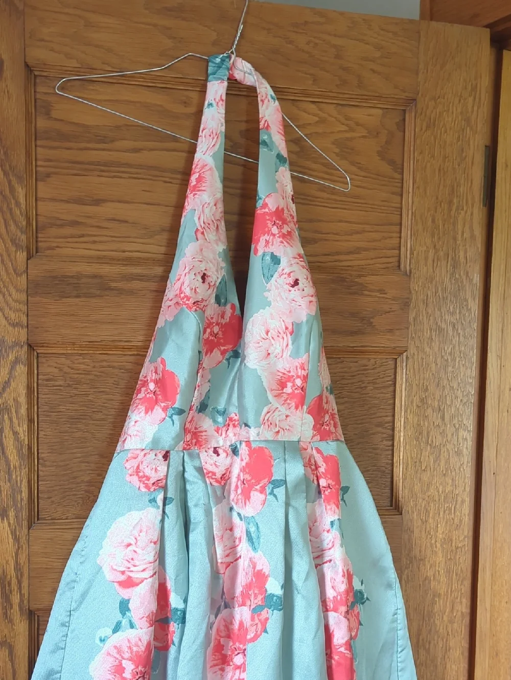 Nights By Teeze Me Floral Halter Fit-and-Flare Dress Gown in Mint and Coral